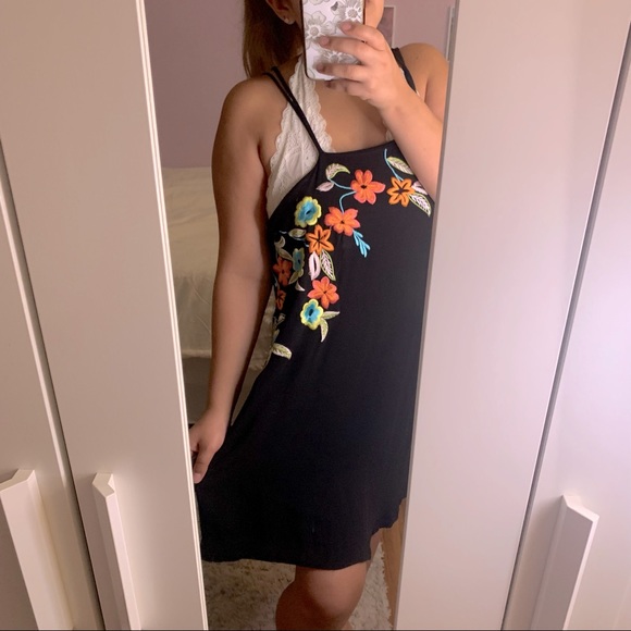 Free People Embroidered Floral Shift Mini Dress Black - Picture 4 of 12